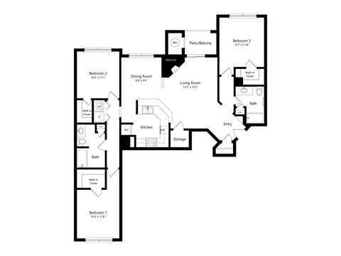 Floor plan for 3 beds, 2 baths, 1364 sqft
